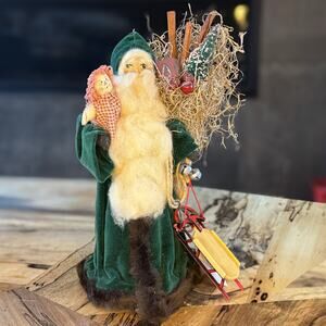 Primitive Folk Art Vintage Cloth Face Santa w Doll Christmas Tabletop Decor 11”